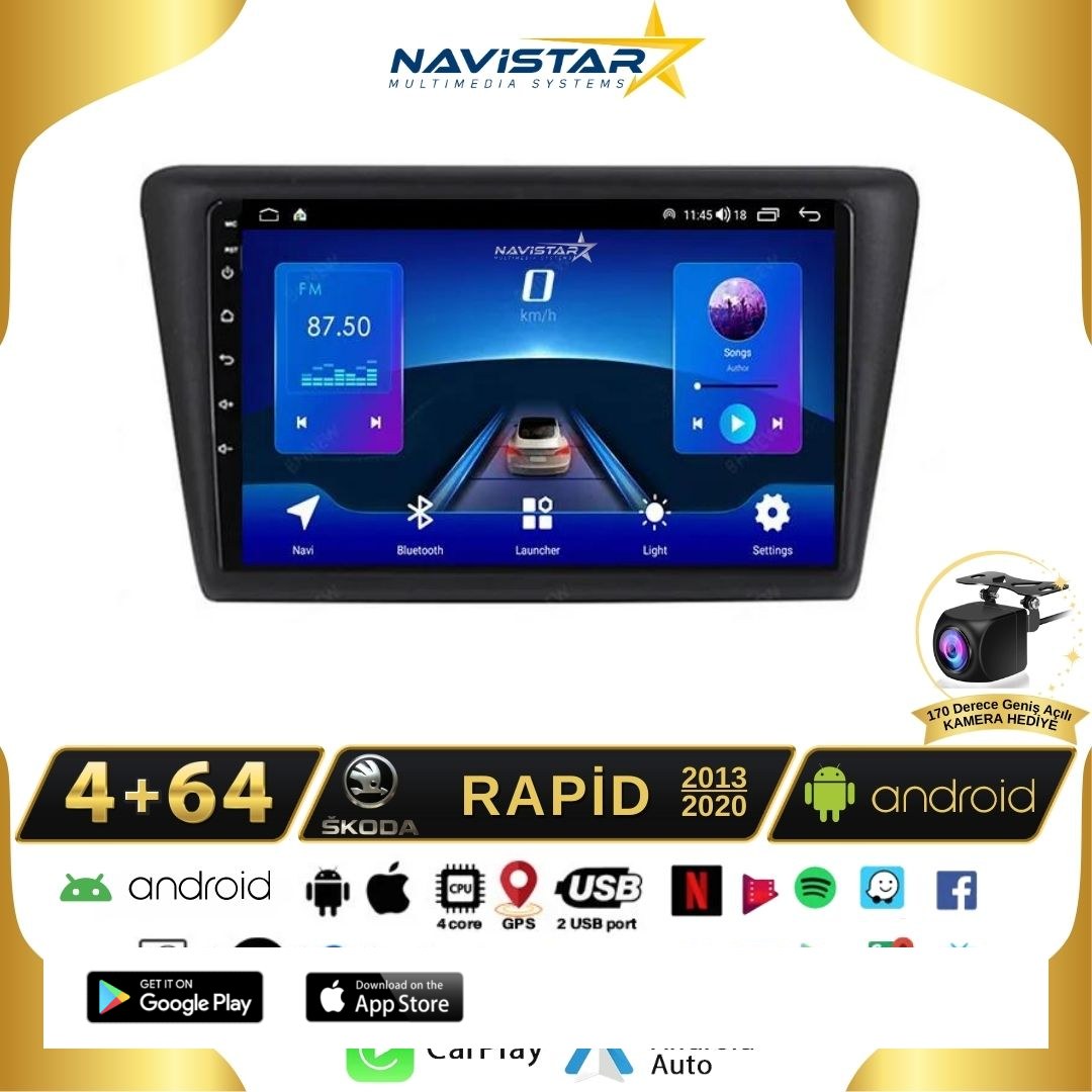 Skoda Rapid 2013-2020 Model 4GB + 64GB Android 13 Kablosuz Carplay Navigasyon Multimedya Sistemi