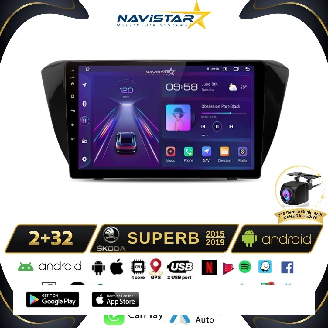 Skoda Superb 2015-2019 Model 2+64GB Android 13 Kablosuz Carplay Navigasyon Multimedya Sistemi