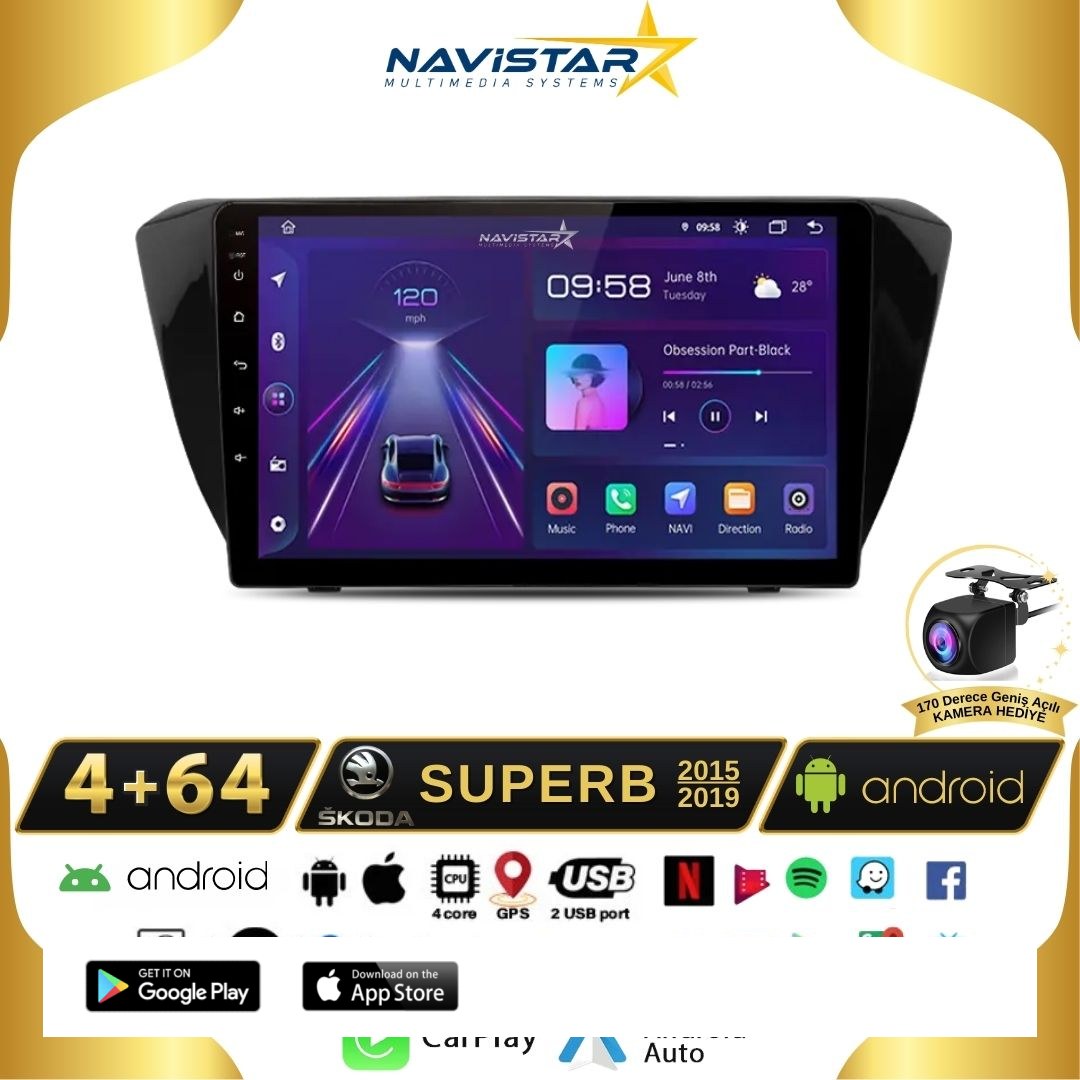 Skoda Superb 2015-2019 Model 4GB + 64GB Android 13 Kablosuz Carplay Navigasyon Multimedya Sistemi