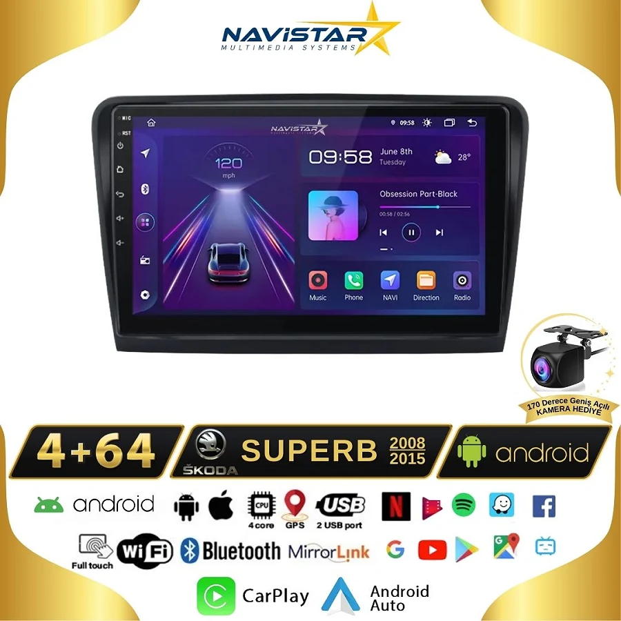 Skoda Superb 4GB + 64GB 2008-2015 Model Android 13 Kablosuz Carplay Navigasyon Multimedya Sistemi