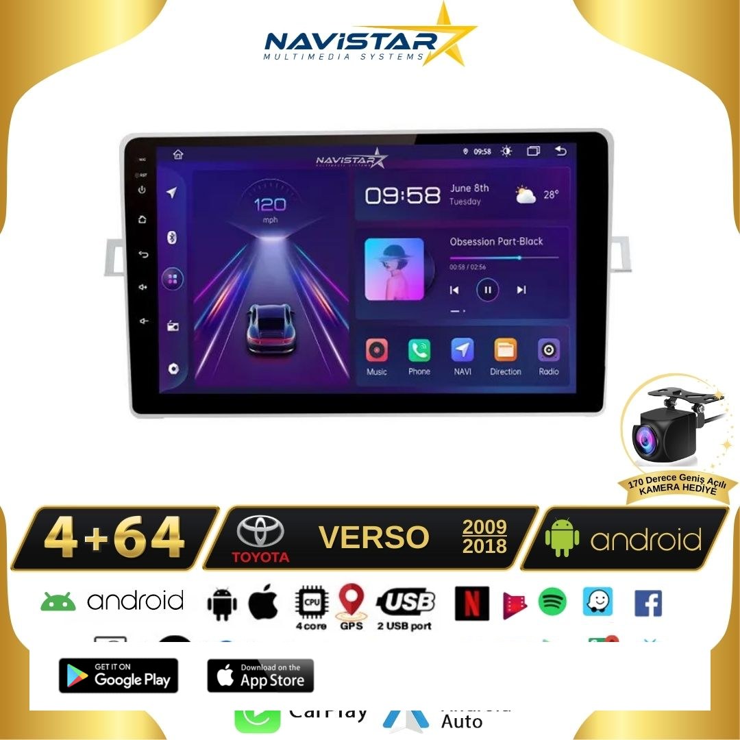 Toyota Verso 2009-2018 Model 4GB + 64GB Android 13 Kablosuz Carplay Navigasyon Multimedya Sistemi