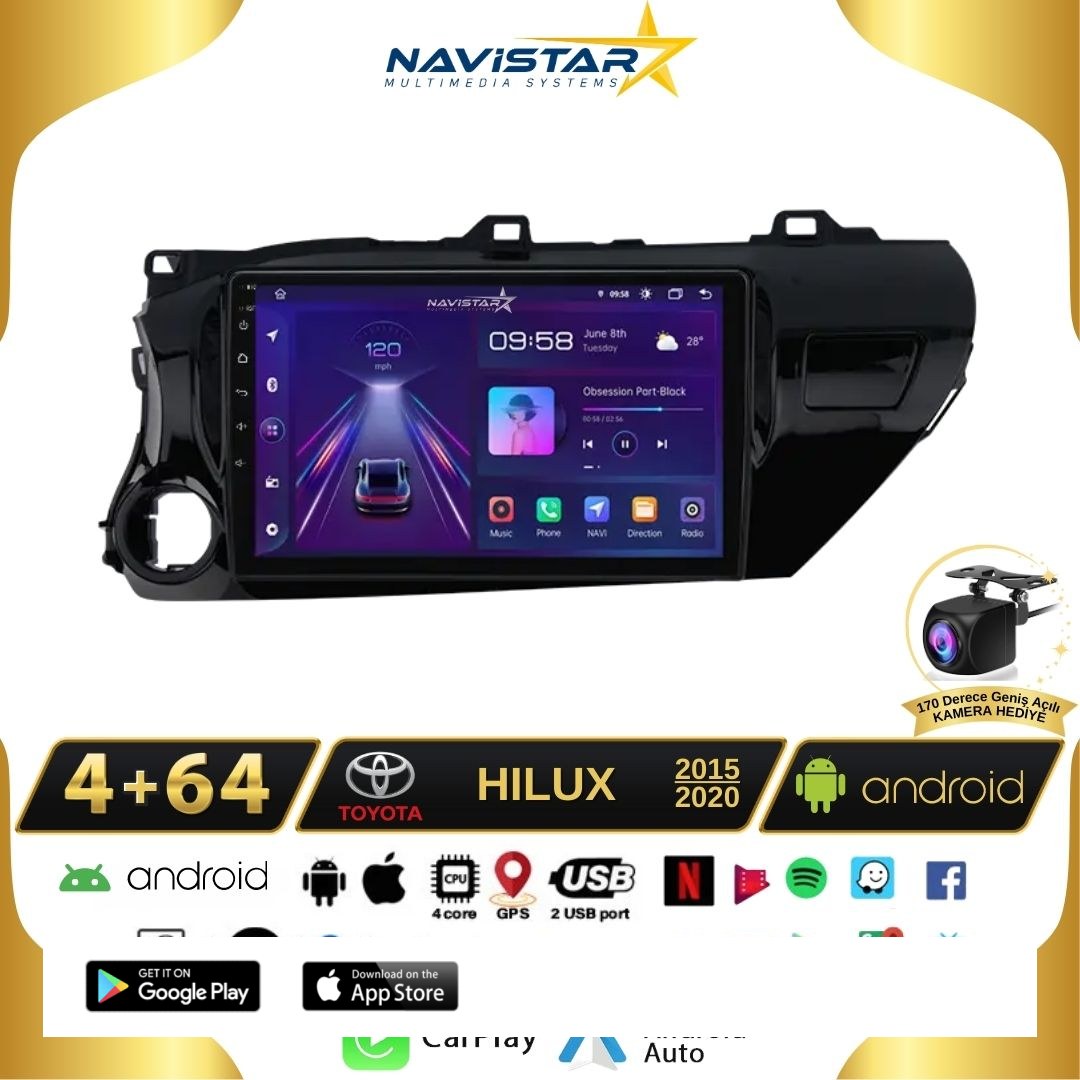 Toyota Hilux 2015-2020 Model 4GB + 64GB Android 13 Kablosuz Carplay Navigasyon Multimedya Sistemi