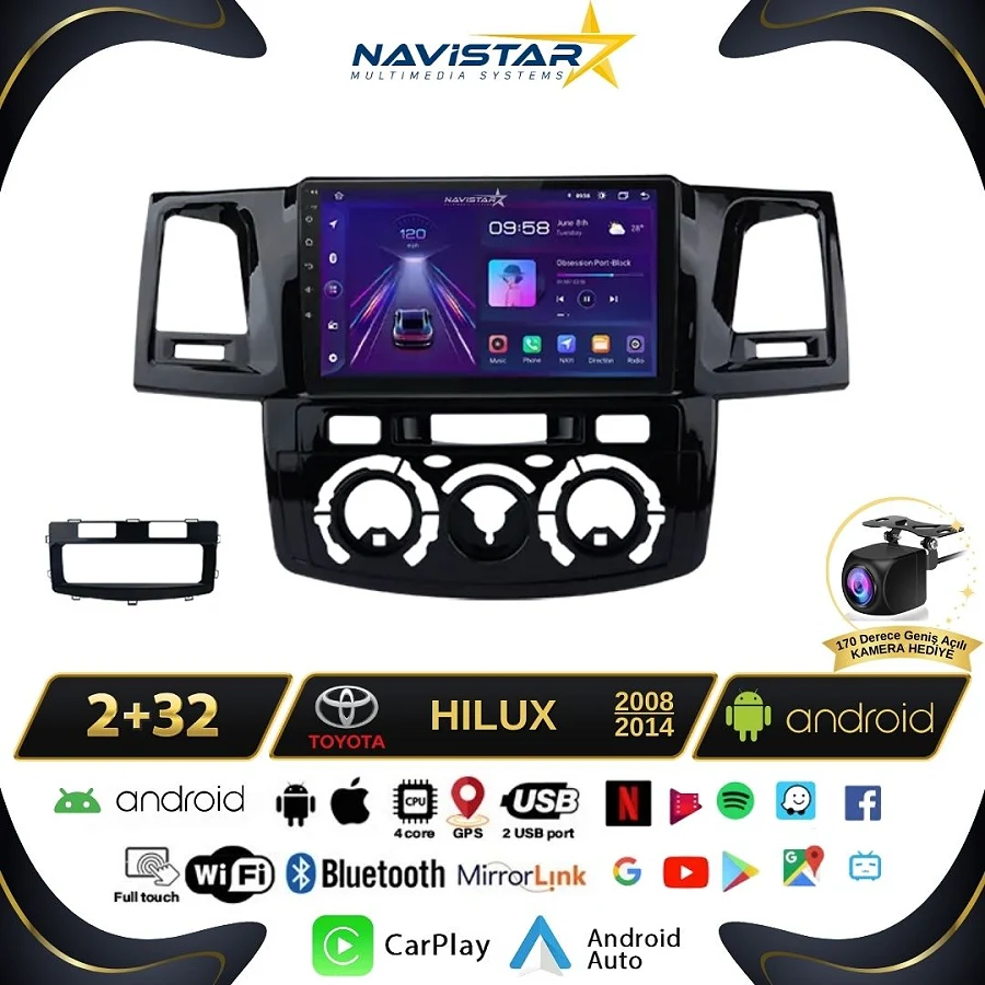 Toyota Hilux 2008-2014 Model 2+64GB Android 13 Kablosuz Carplay Navigasyon Multimedya Sistemi