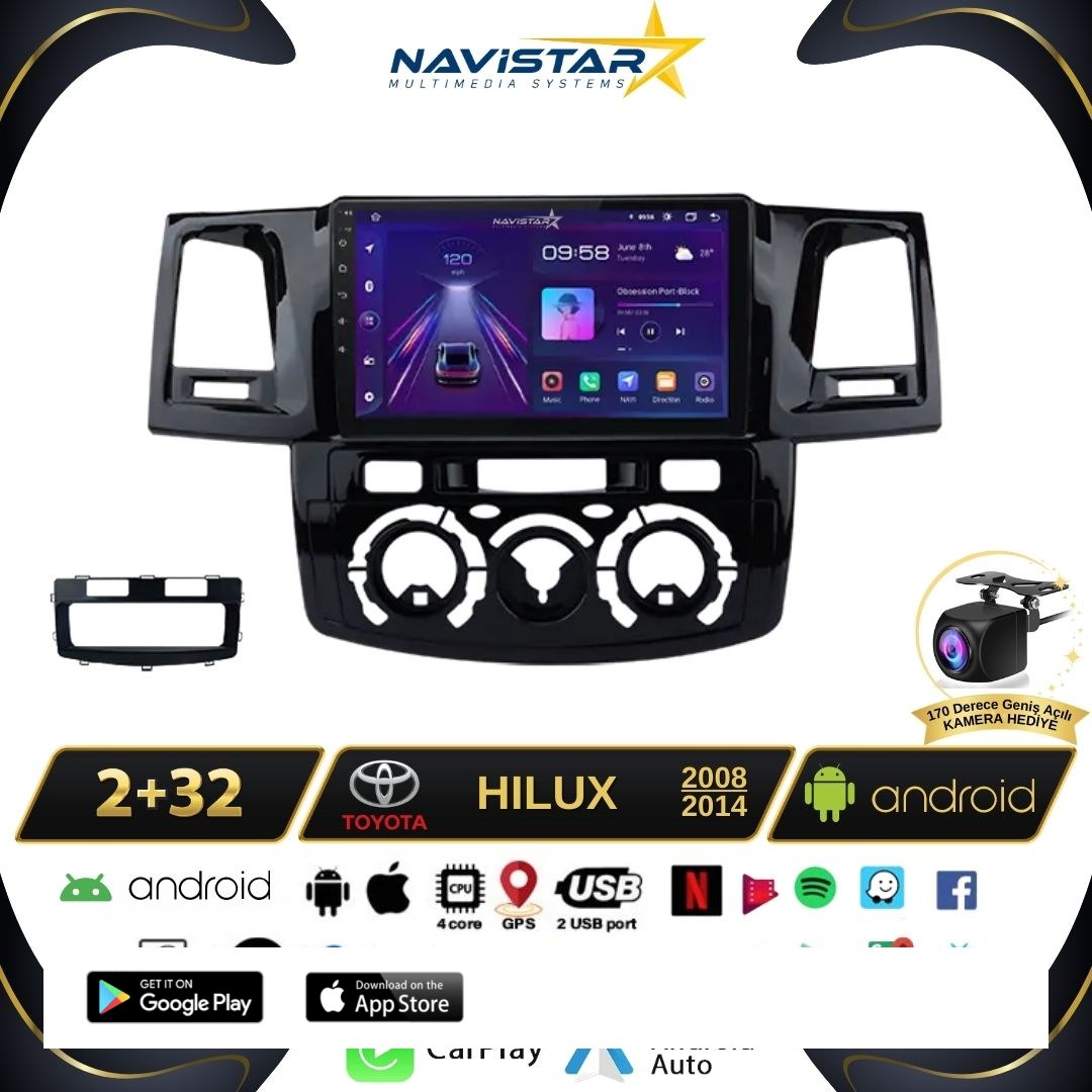 Toyota Hilux 2008-2014 Model 2+64GB Android 13 Kablosuz Carplay Navigasyon Multimedya Sistemi