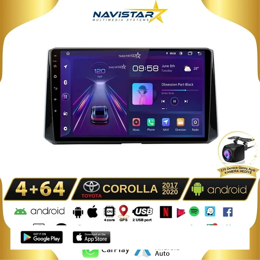 Toyota Corolla 2017-2020 Model 4GB + 64GB Android 13 Kablosuz Carplay Navigasyon Multimedya Sistemi
