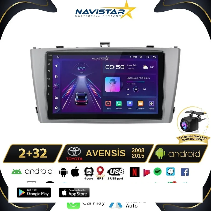 Toyota Avensis 2008-2015 Model 2+64GB Android 13 Kablosuz Carplay Navigasyon Multimedya Sistemi