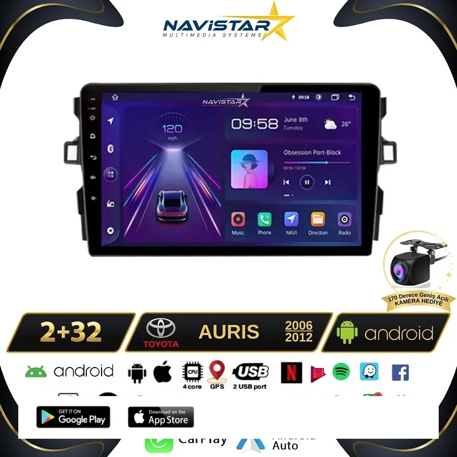 Toyota Auris 2006-2012 Model 2+64GB Android 13 Kablosuz Carplay Navigasyon Multimedya Sistemi