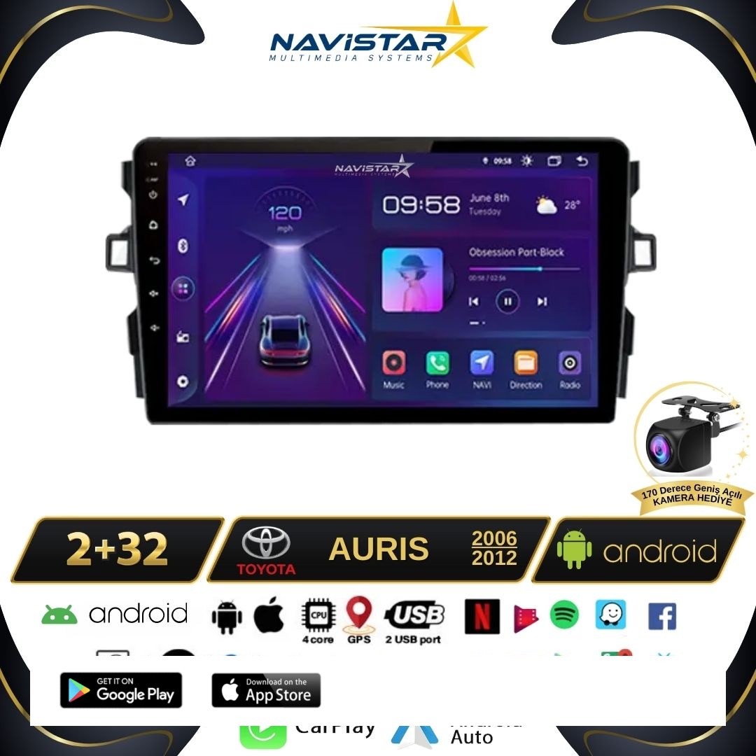Toyota Auris 2006-2012 Model 2+64GB Android 13 Kablosuz Carplay Navigasyon Multimedya Sistemi