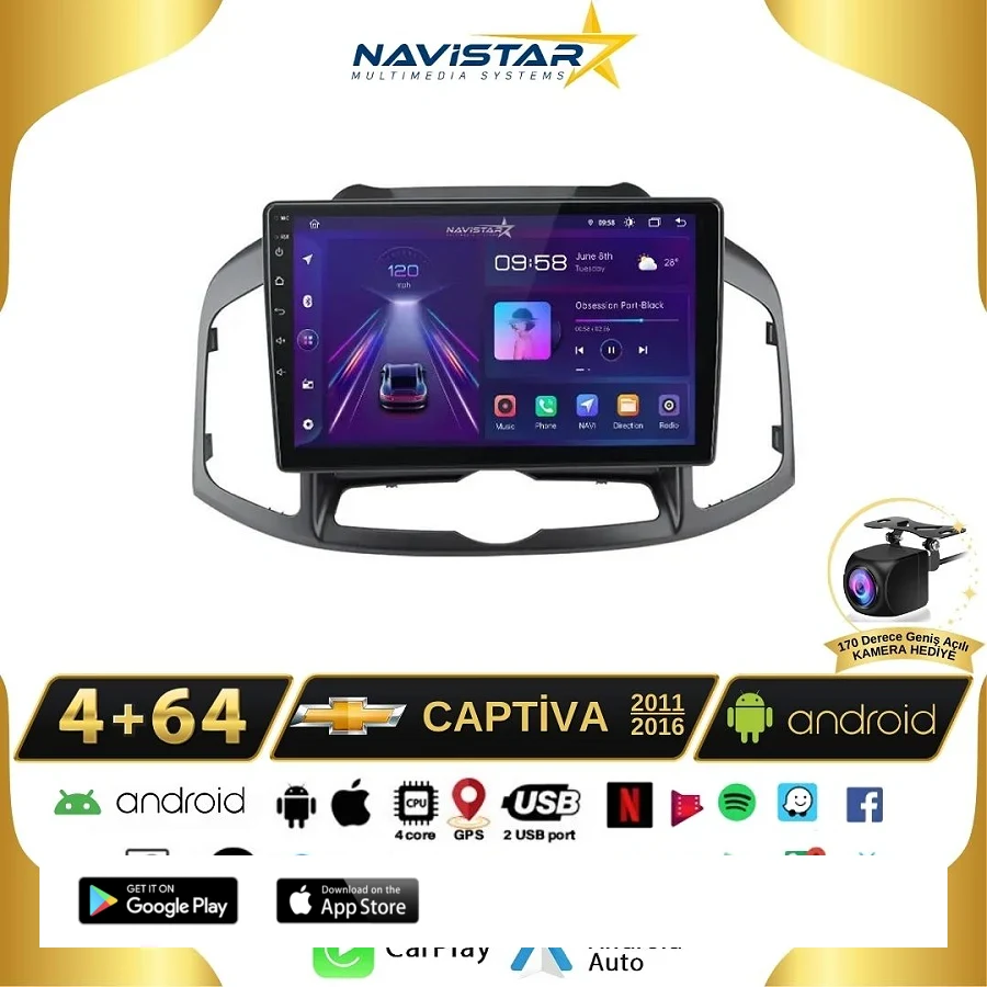 Chevrolet Captiva 2011-2016 Model 4GB + 64GB Android 13 Kablosuz Carplay Navigasyon Multimedya Sistemi