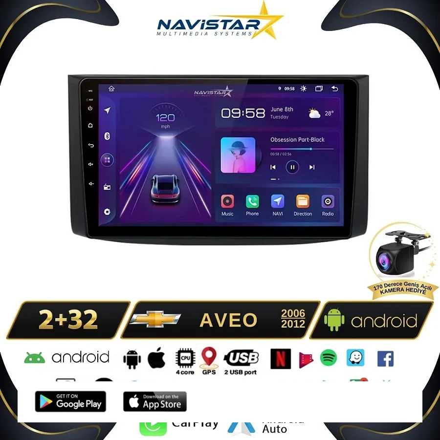Chevrolet Aveo  2006-2012 Model 2GB + 64GB Android 13 Kablosuz Carplay Navigasyon Multimedya Sistemi