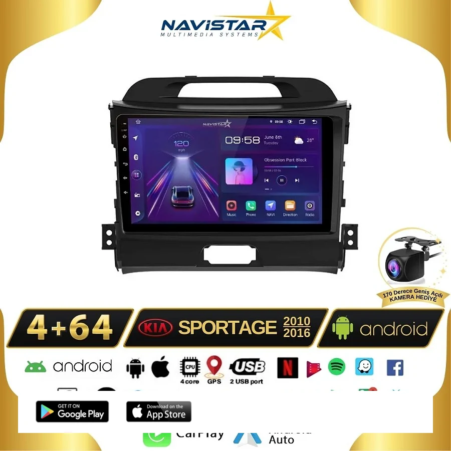 Kia Sportage 4GB + 64GB Kablosuz Carplay 2010-2016 Android 13 Navigasyon Multimedya Sistemi