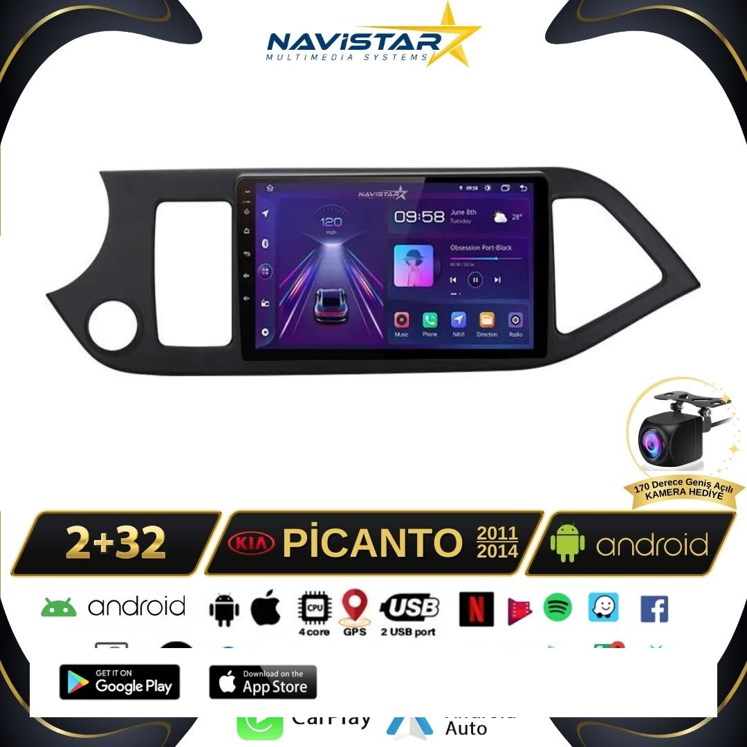 Kia Picanto 2011-2014 Model 2+64GB Android 13 Kablosuz Carplay Navigasyon Multimedya Sistemi