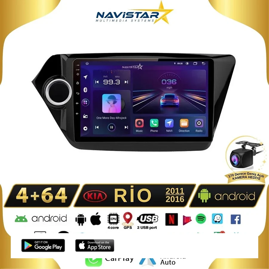 Kia Rio 2011-2016 Model 4+64 GB Android 13 Kablosuz Carplay Navigasyon Multimedya Sistemi