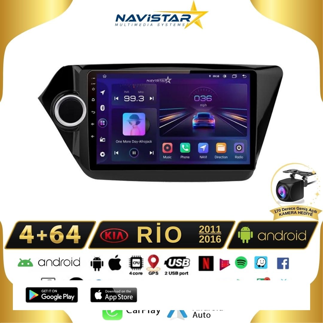 Kia Rio 2011-2016 Model 4+64 GB Android 13 Kablosuz Carplay Navigasyon Multimedya Sistemi