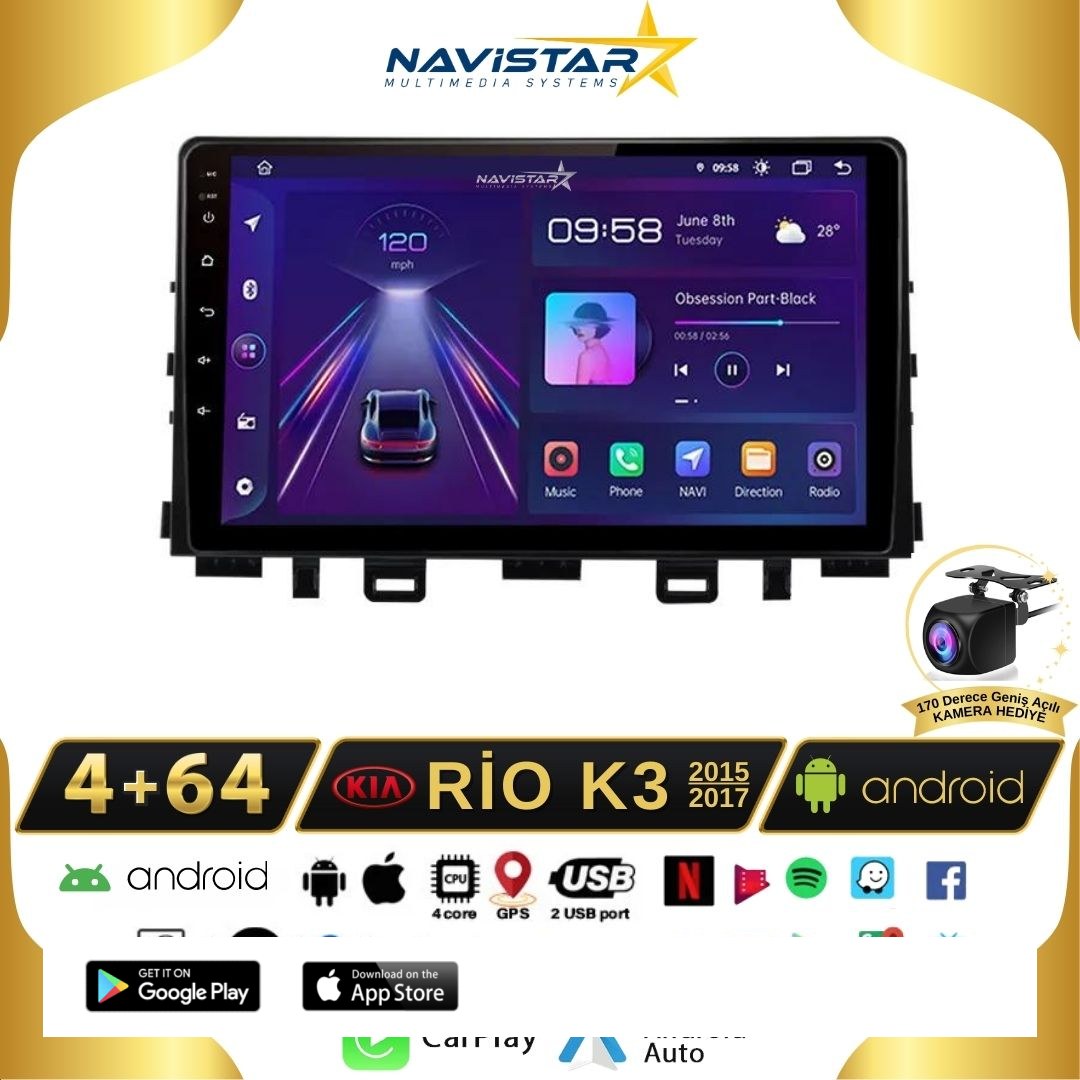 Kia Rio K3 2015-2017 Model 4+64 GB Android 13 Kablosuz Carplay Navigasyon Multimedya Sistemi