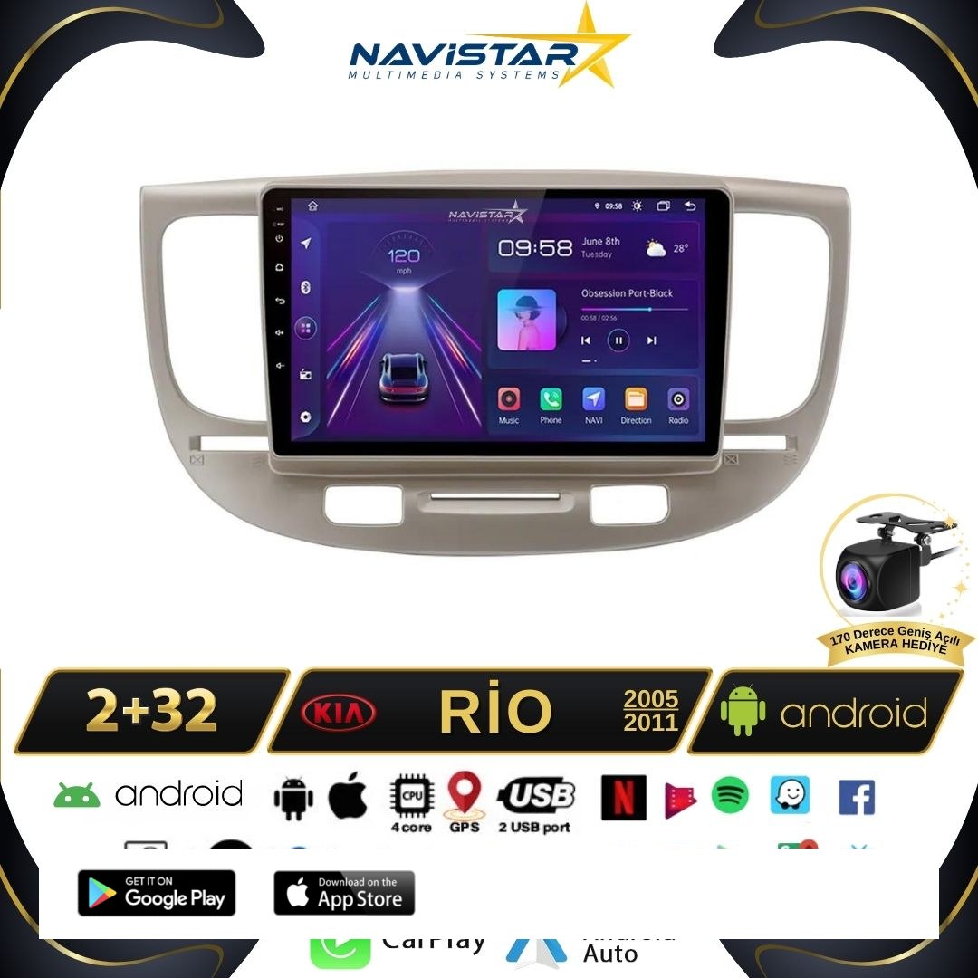 Kia Rio2 2005-2011 Model 2+64GB Android 13 Kablosuz Carplay Navigasyon Multimedya Sistemi