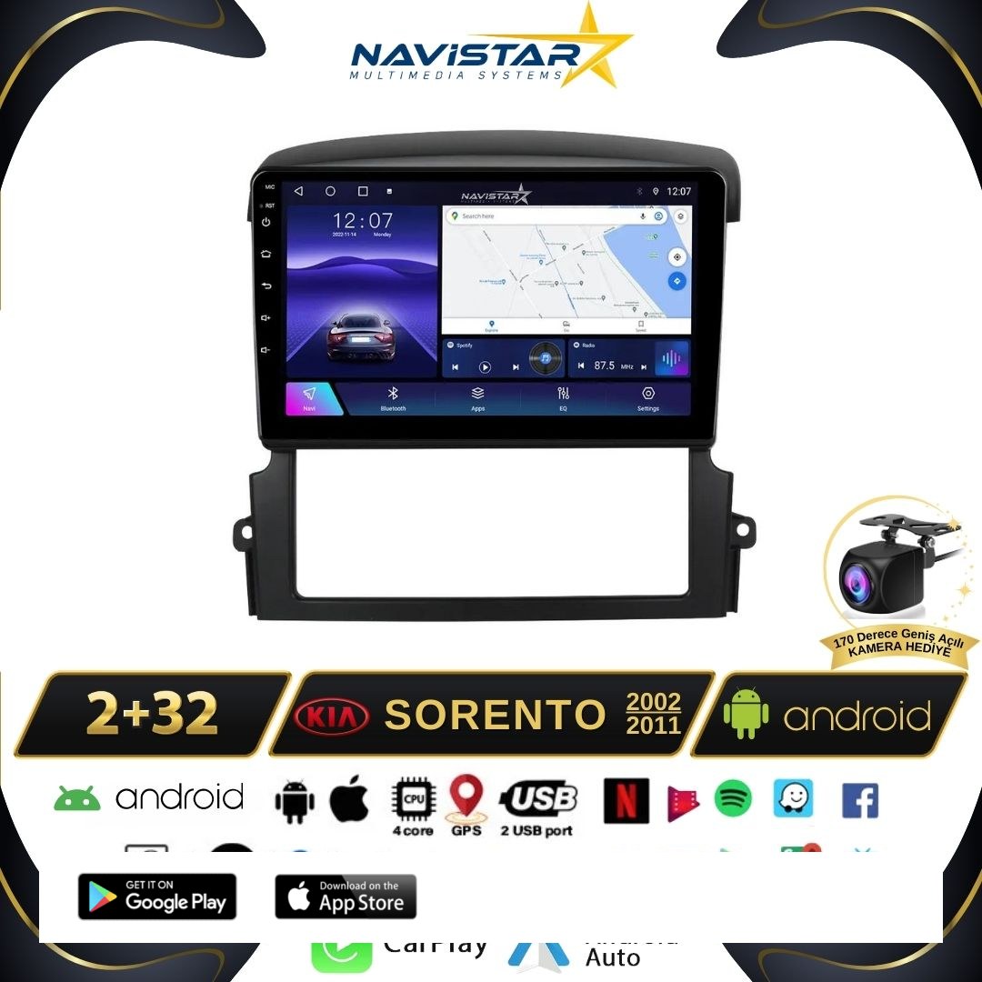 Kia Sorento  2002-2011 Model 2GB + 64GB Android 13 Kablosuz Carplay Navigasyon Multimedya Sistemi