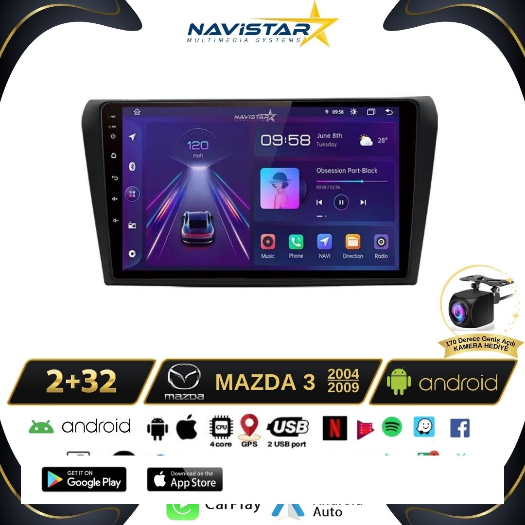 Mazda3 2004-2009 Model 2GB + 64GB Android 13 Kablosuz Carplay Navigasyon Multimedya Sistemi