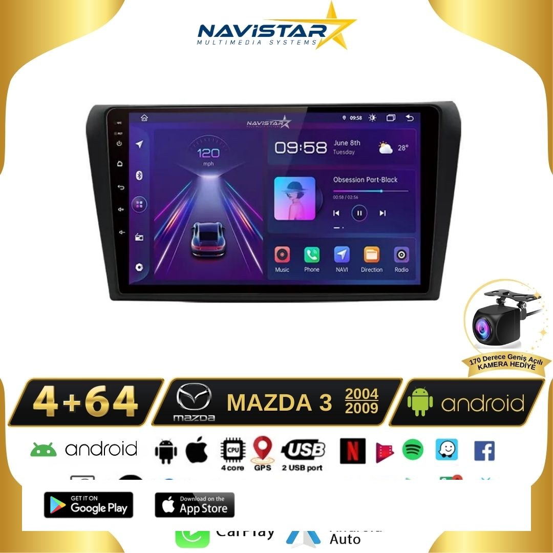 Mazda3 2004-2009 Model 4GB + 64GB Android 13 Kablosuz Carplay Navigasyon Multimedya Sistemi