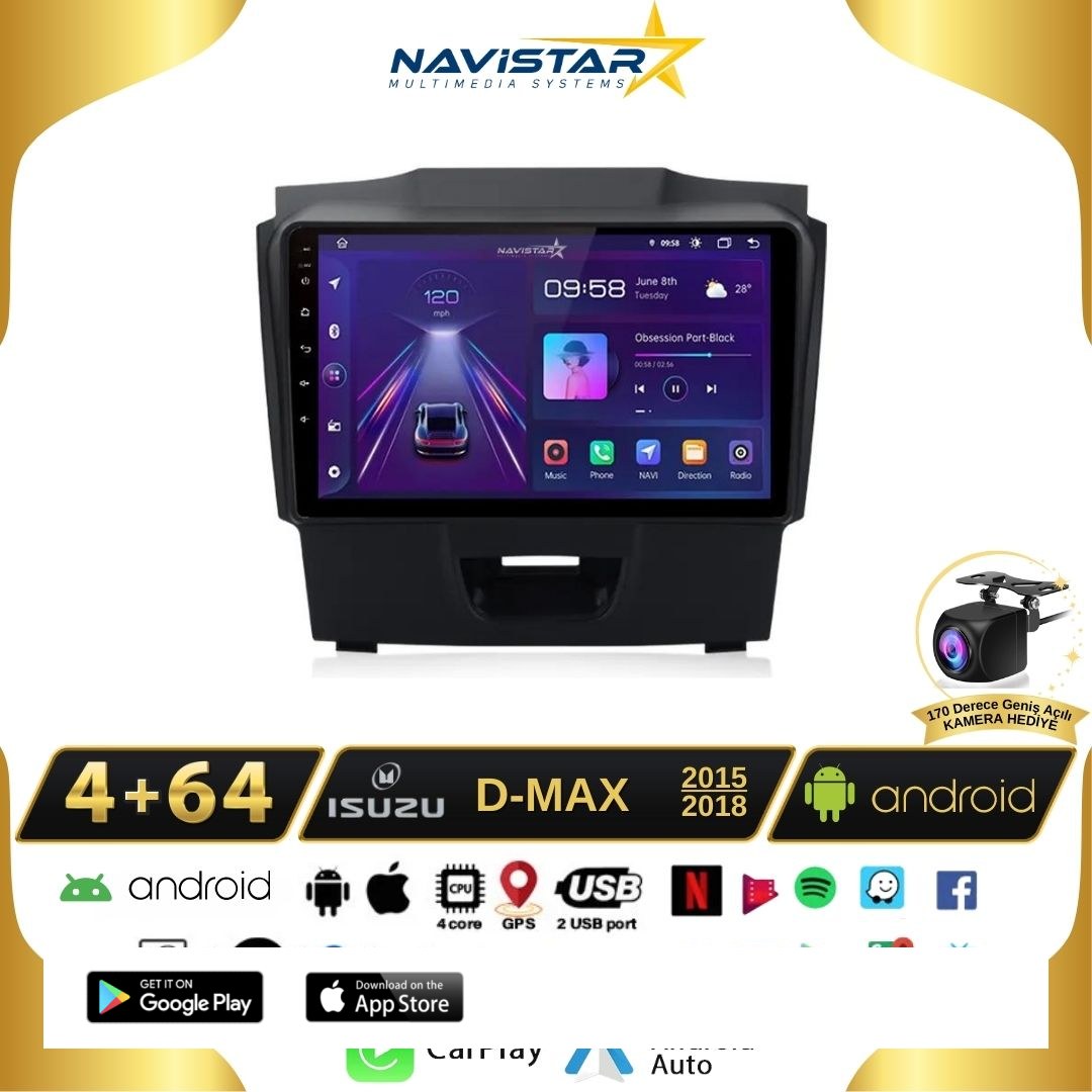 Isuzu DMax 2015-2018 Model 4GB + 64GB Android 13 Kablosuz Carplay Navigasyon Multimedya Sistemi
