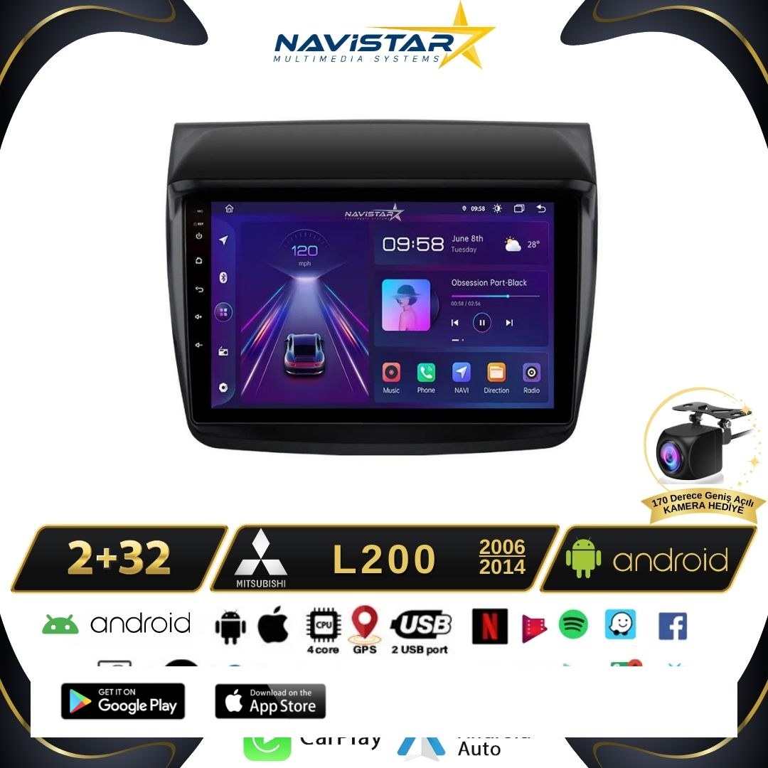 Mitsubishi L200  2006-2014 Model 2GB + 64GB Android 13 Kablosuz Carplay Navigasyon Multimedya Sistemi