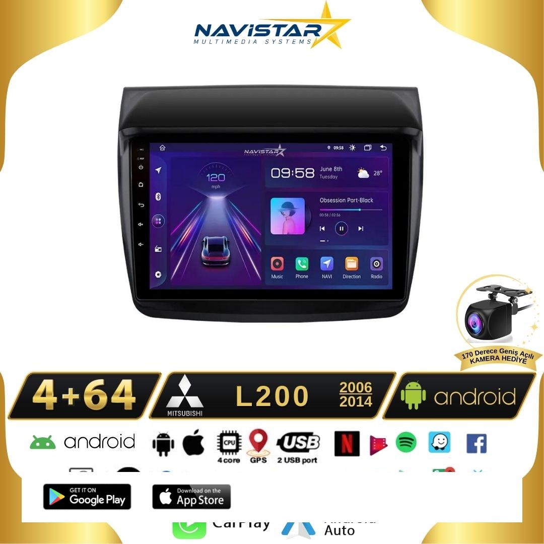 Mitsubishi L200  2006-2014 Model 4GB + 64GB Android 13 Kablosuz Carplay Navigasyon Multimedya Sistemi