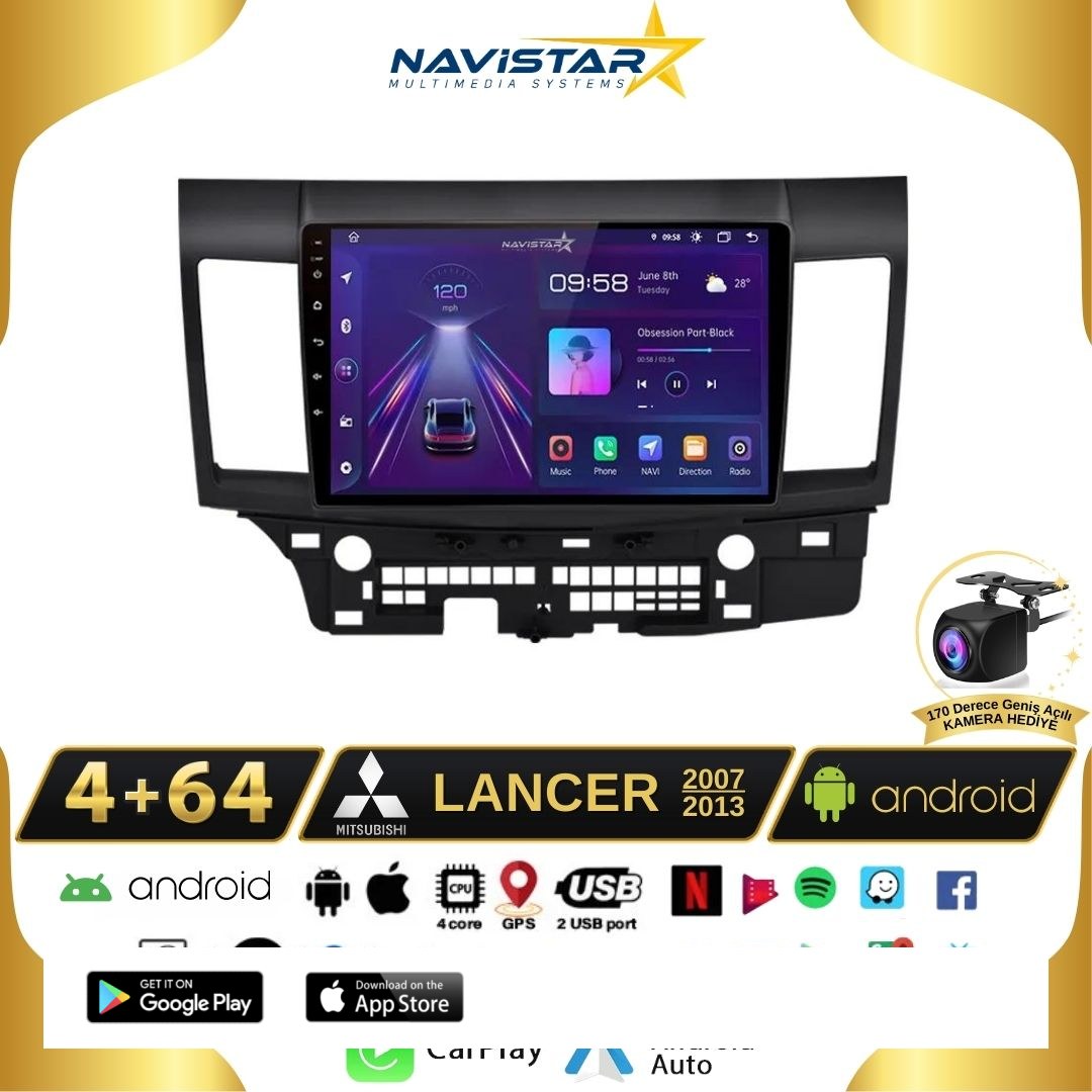 Mitsubishi Lancer  20072013 Model 4GB + 64GB Android 13 Kablosuz Carplay Navigasyon Multimedya Sistemi