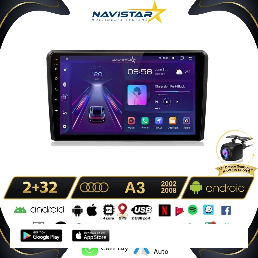 Audi A3 2002-2008 Model 2GB + 64GB Android 13 Kablosuz Carplay Navigasyon Multimedya Sistemi