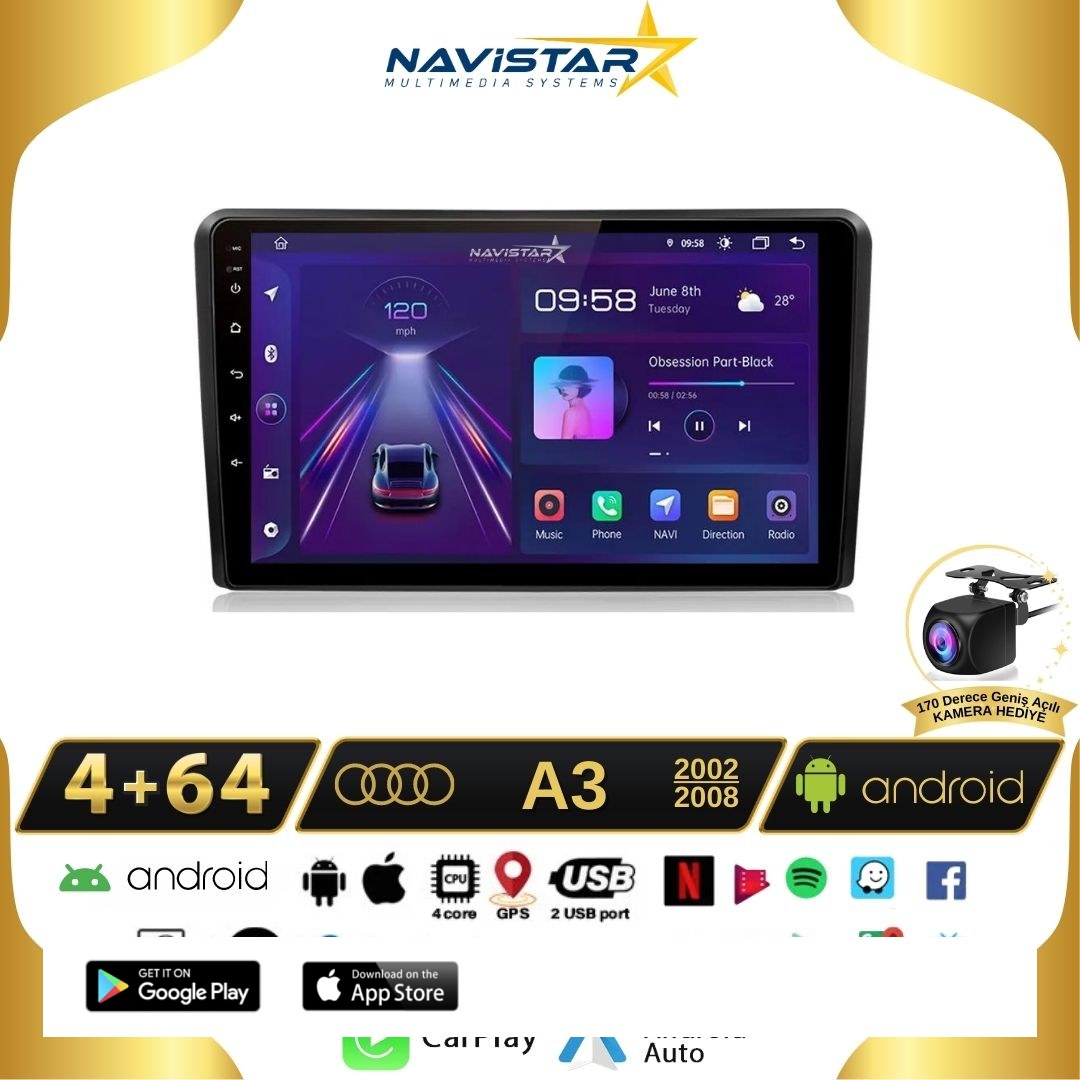 Audi A3 4GB + 64GB 2002-2008 Model Android 13 Kablosuz Carplay Navigasyon Multimedya Sistemi