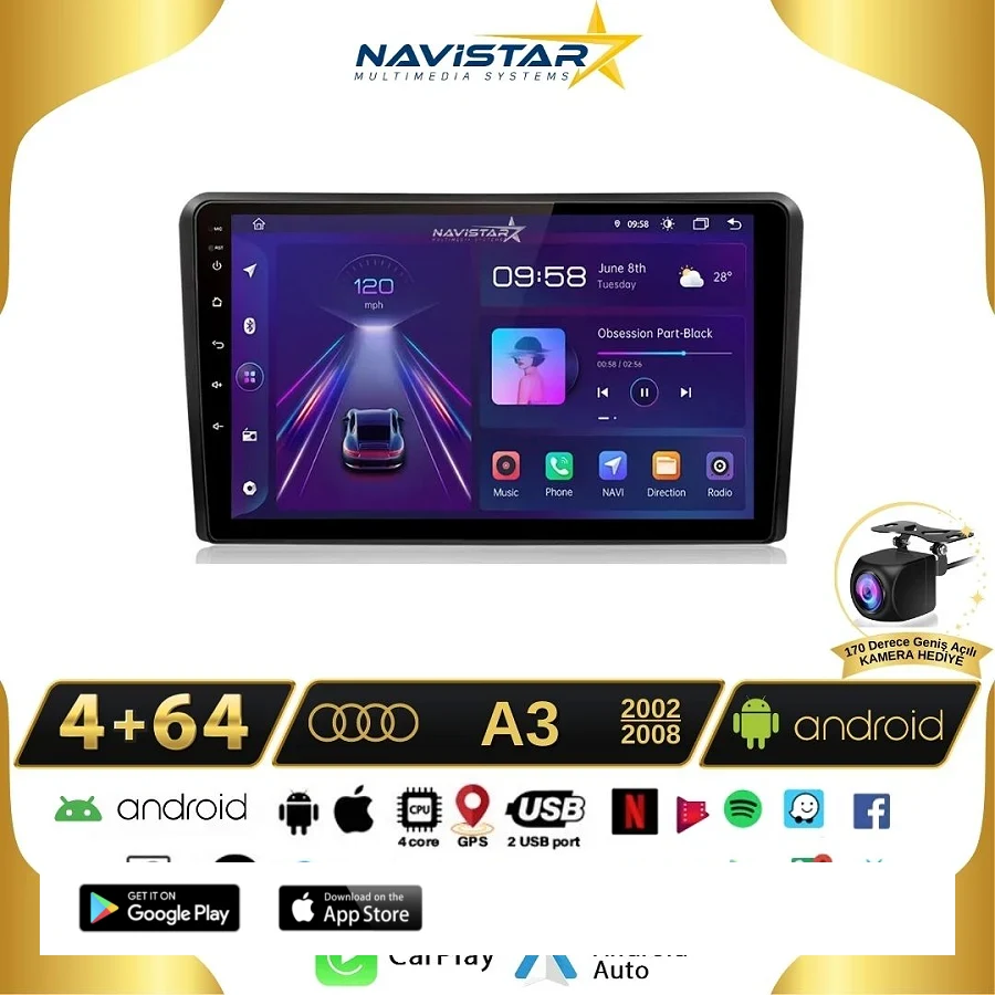 Audi A3 4GB + 64GB 2002-2008 Model Android 13 Kablosuz Carplay Navigasyon Multimedya Sistemi