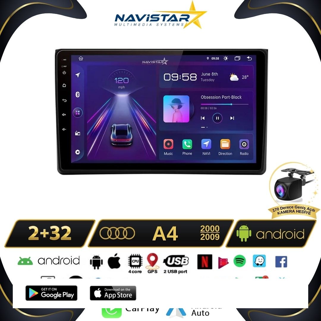 Audi A4  2000-2009 Model 2GB + 64GB Android 13 Kablosuz Carplay Navigasyon Multimedya Sistemi