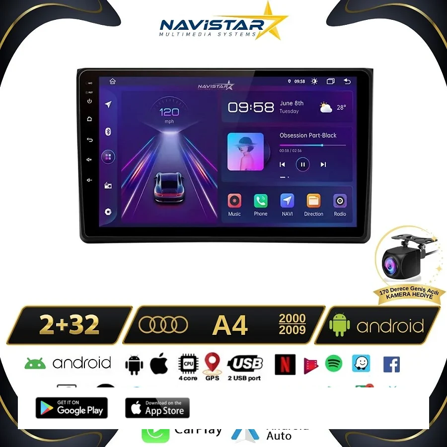 Audi A4  2000-2009 Model 2GB + 64GB Android 13 Kablosuz Carplay Navigasyon Multimedya Sistemi