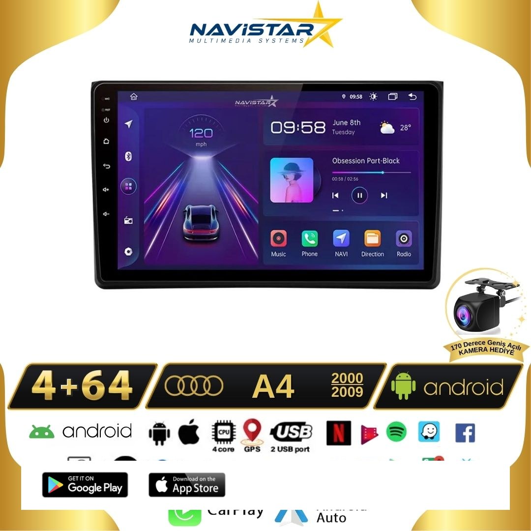 Audi A4  2000-2009 Model 4GB + 64GB Android 13 Kablosuz Carplay Navigasyon Multimedya Sistemi