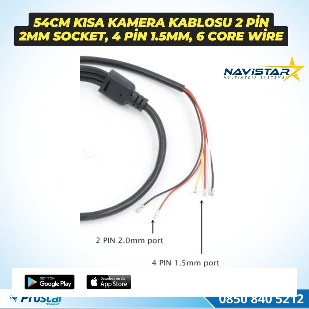 54 cm RCA Kısa Kamera Kablosu 2 pin 2mm socket, 4 pin 1.5mm, 6 core wire