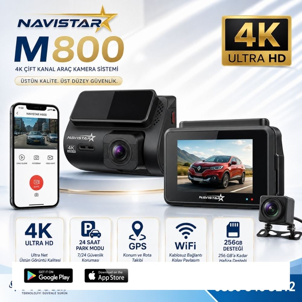 M800 Wifi + GPS 4K Çift Kameralı 170° Geniş Açı Lens Gece Görüşlü Akıllı Araç İçi Kamera + 1080P Arka Kamera