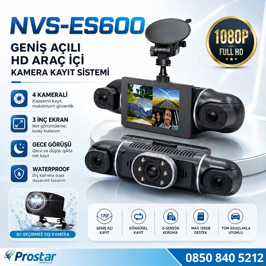 4 Kameralı 1080P WIFI, GPS Geniş Açılı Dashcam Araç içi Kamera Kayıt Sistemi 3 inç  Full HD