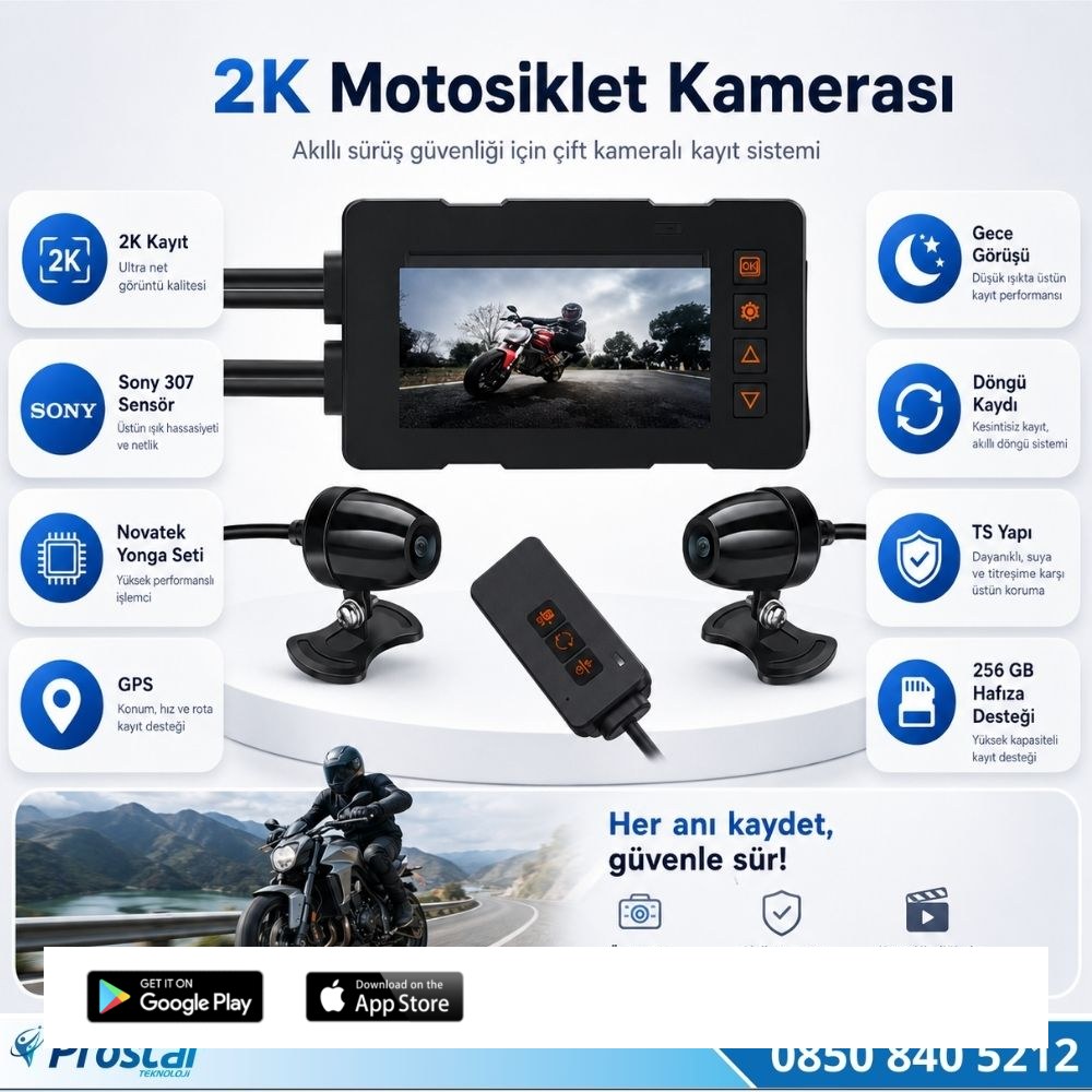 Motosiklet için Kayıtlı 2K+1080P Çözünürlüklü 3 inç 2 kameralı Tak kullan Kamera Seti