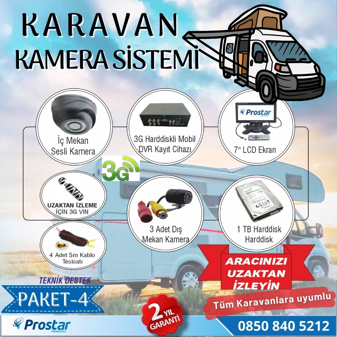 Uzaktan Takipli Karavan Kamera Sistemi Seti Kayıtlı Harddiskli 1 Tb Dahil 4 Kameralı Ekranlı