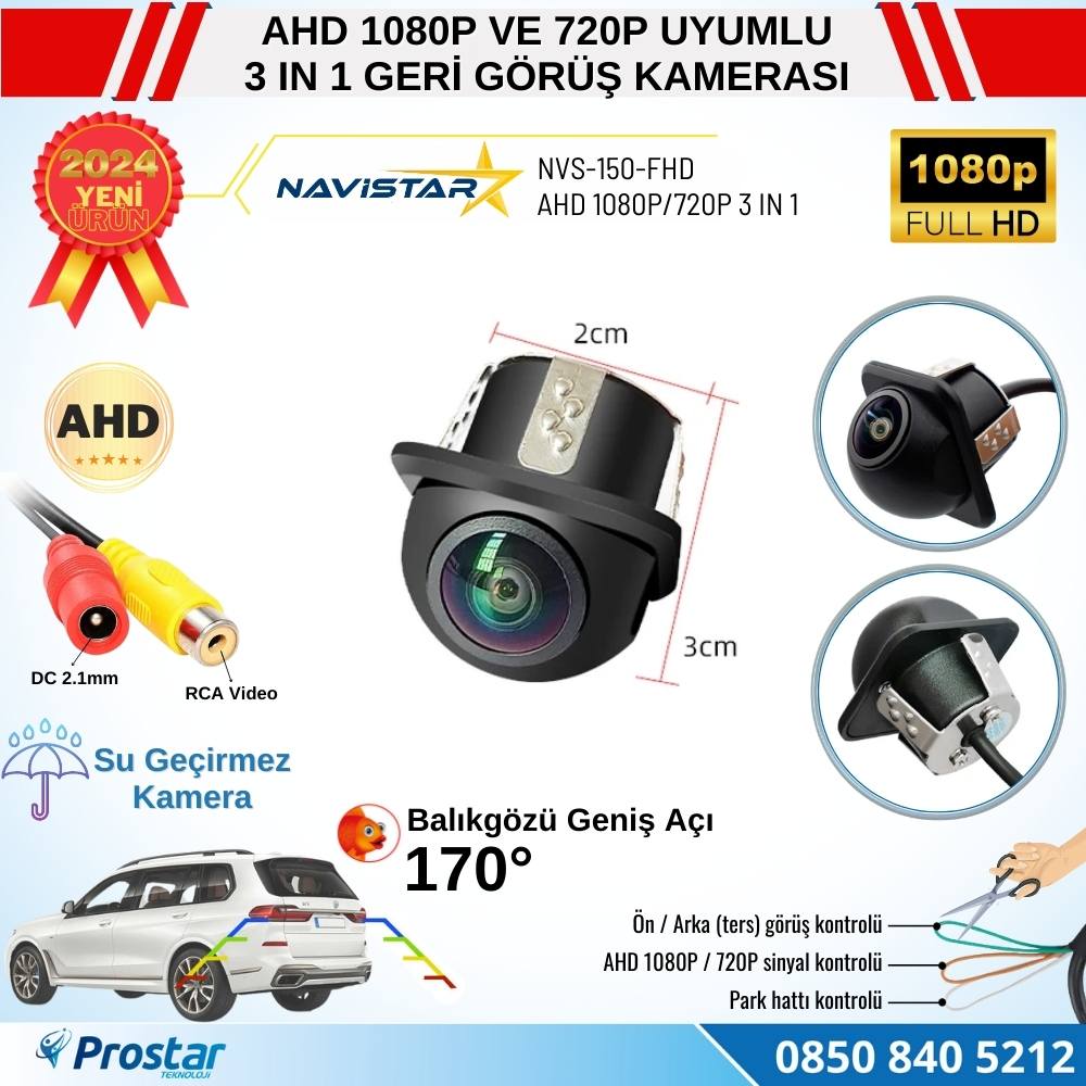 AHD 1080P ve 720P Çevrilebilir 170 Derece Balıkgözü Geniş Açılı Geri Görüş Kamerası