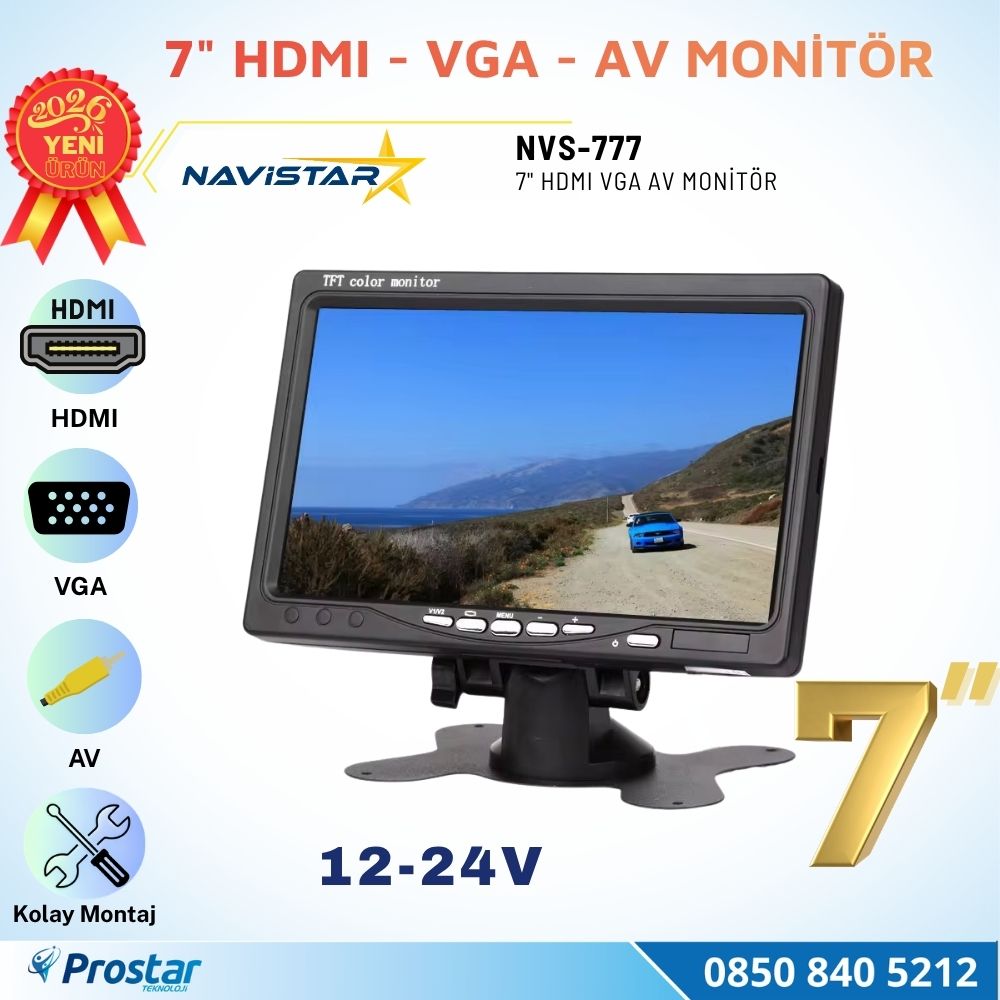 Araç içi Monitör 7" VGA - HDMI - AV Girişli TFT LCD Ekran