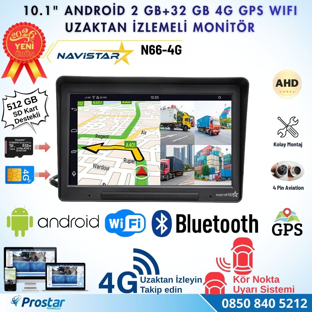 4G Uzaktan izlemeli 4 kanal AHD 720P Android Wifi, GPS, Bluetooth 2 GB + 32 GB ve 512 GB SD Kart Destekli Monitör