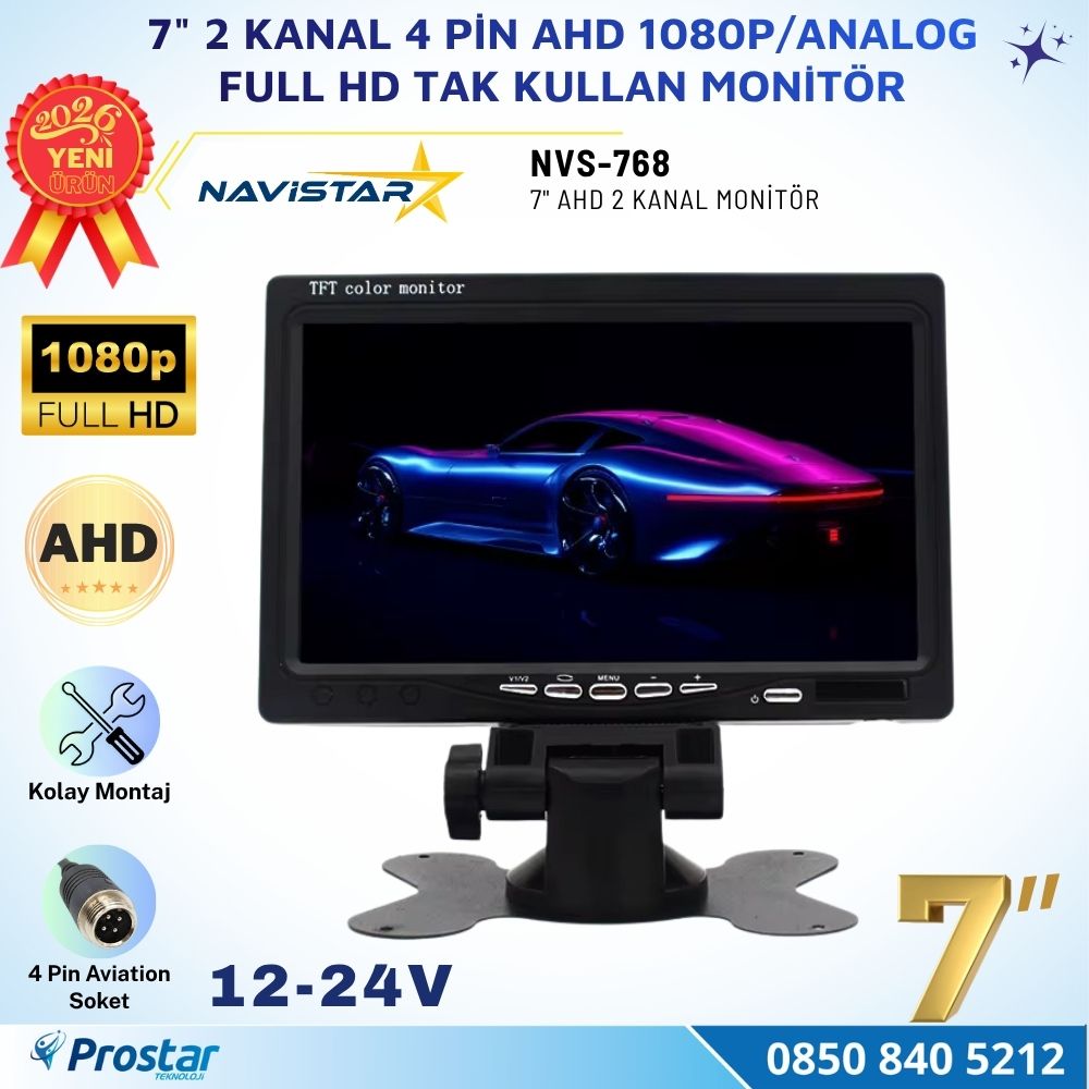 7 inç 2 Kanal Full HD AHD/Analog Tak Kullan Araç Monitörü Ayna Görüntüsü Ayarlı + Park Çizgisi 12-24V