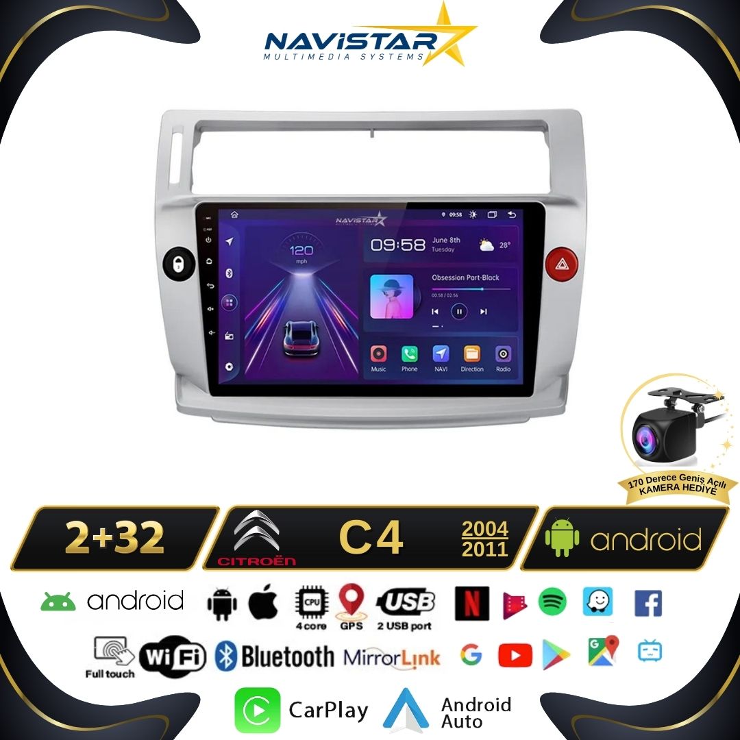 Citroen C4 2004-2011 Model 2GB + 64GB Android 13 Kablosuz Carplay Navigasyon Multimedya Sistemi