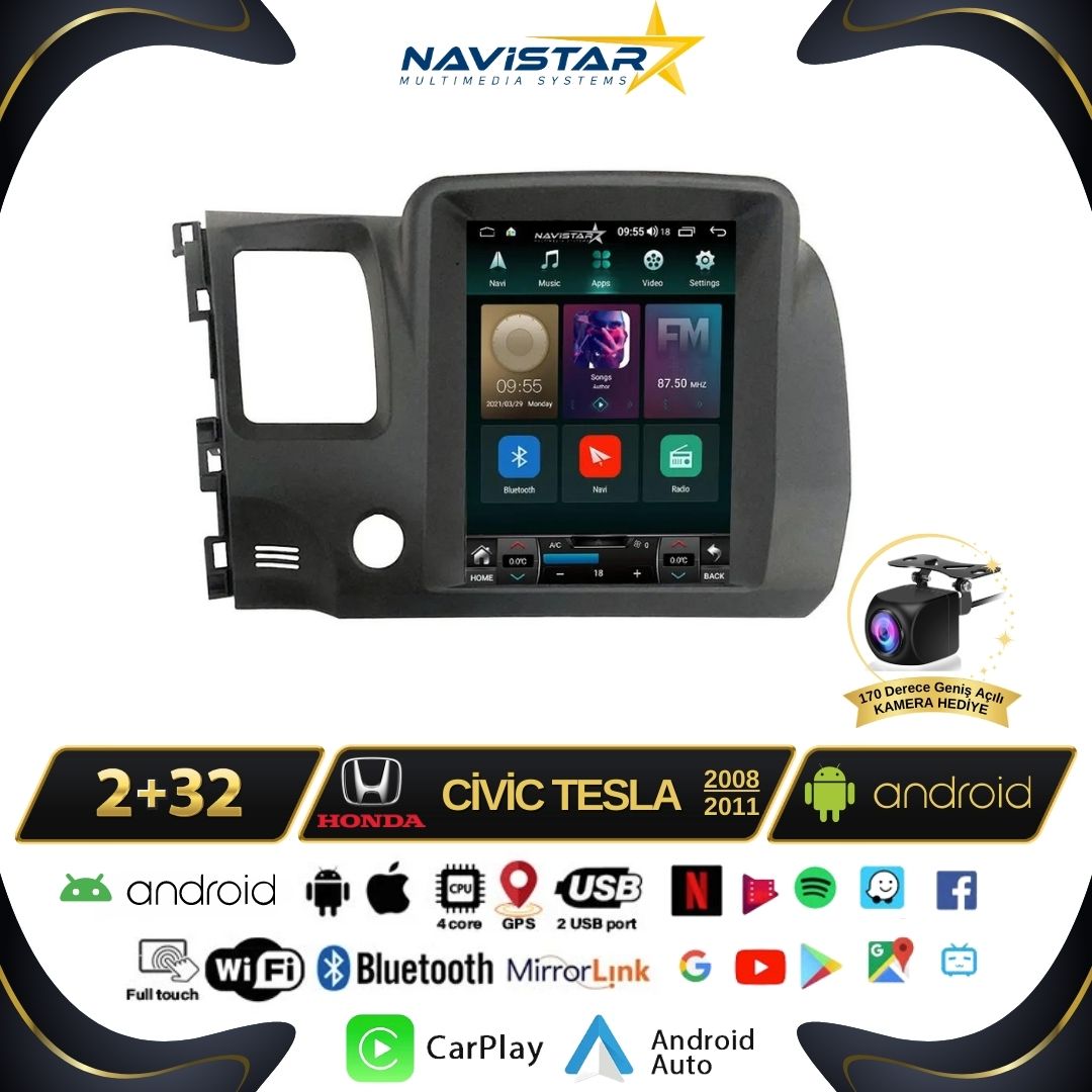 Honda Civic Tesla 2008-2011 Model 2GB + 32GB Kablosuz Carplay Navigasyon Multimedya Sistemi