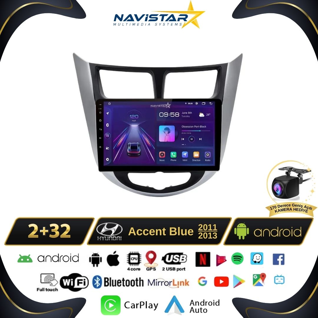 Hyundai Accent Blue 2011-2013 Model 2+64GB Android 13 Kablosuz Carplay Navigasyon Multimedya Sistemi