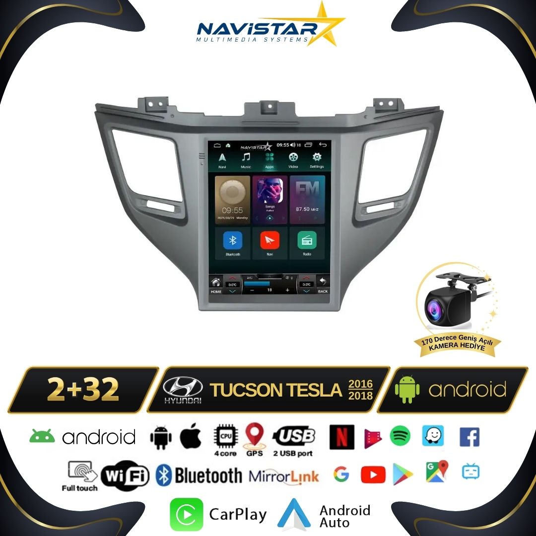 Hyundai Tucson Tesla 2016-2018 Model 2GB + 32GB Kablosuz Carplay Navigasyon Multimedya Sistemi