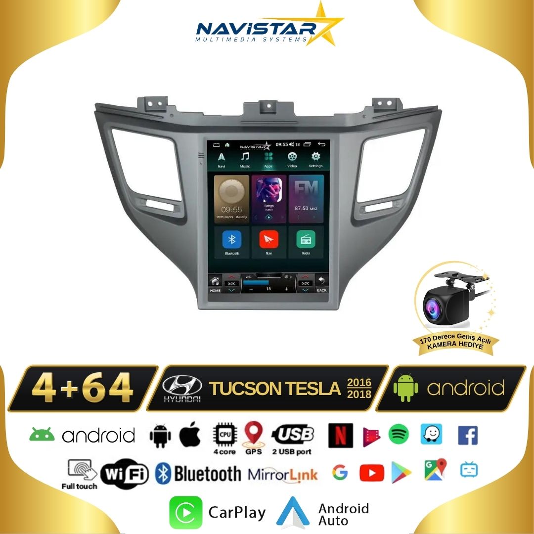 Hyundai Tucson Tesla 4GB + 64GB 2016-2018 Model Kablosuz Carplay Navigasyon Qled Multimedya Sistemi