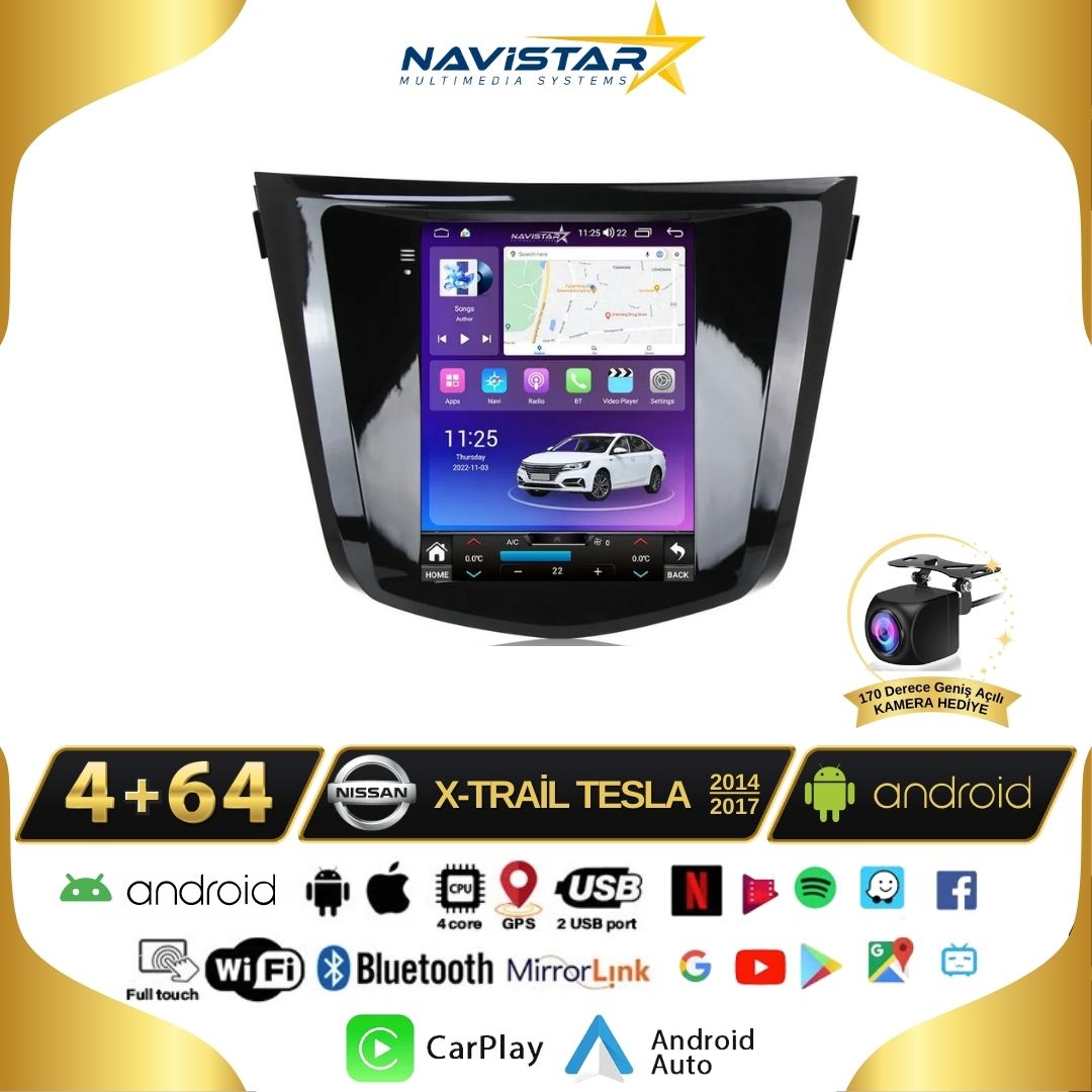Nissan XTrail Tesla 4GB + 64GB 2014-2017 Model Kablosuz Carplay Navigasyon Qled Multimedya Sistemi