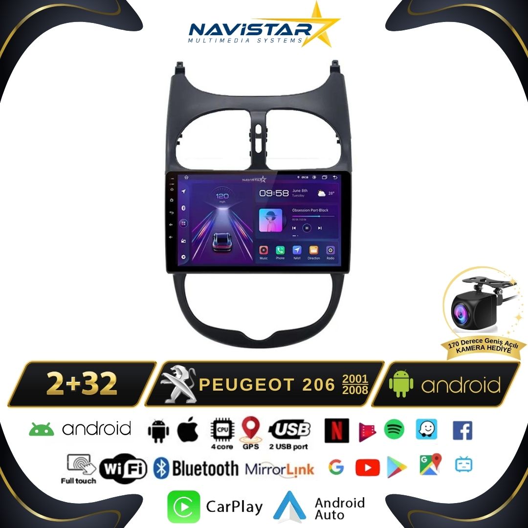Peugeot 206 2001-2008 Model 2GB + 64GB Android 13 Kablosuz Carplay Navigasyon Multimedya Sistemi