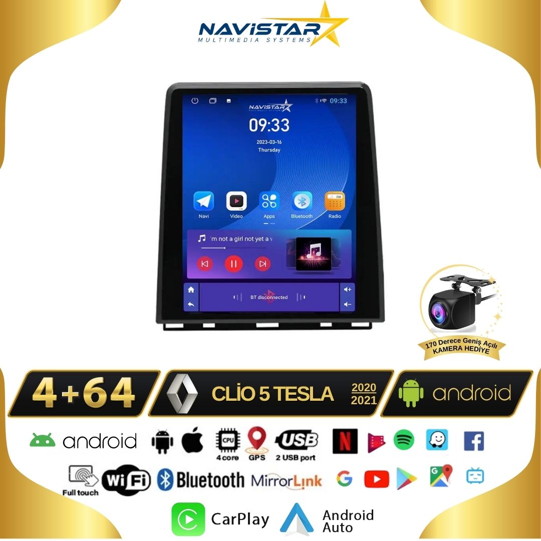 Renault Clio 5 Tesla 4GB + 64GB 2020-2021 Model Kablosuz Carplay Navigasyon Qled Multimedya Sistemi